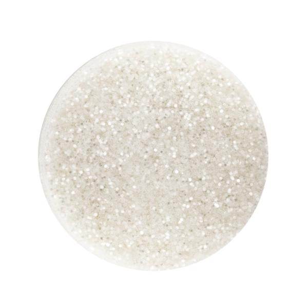Sehr feiner, schneeweißer Bio-Glitter, der auf einer hellen Kerzenoberfläche dezent schimmert. Ideal zur feinen Dekoration von Kerzen.